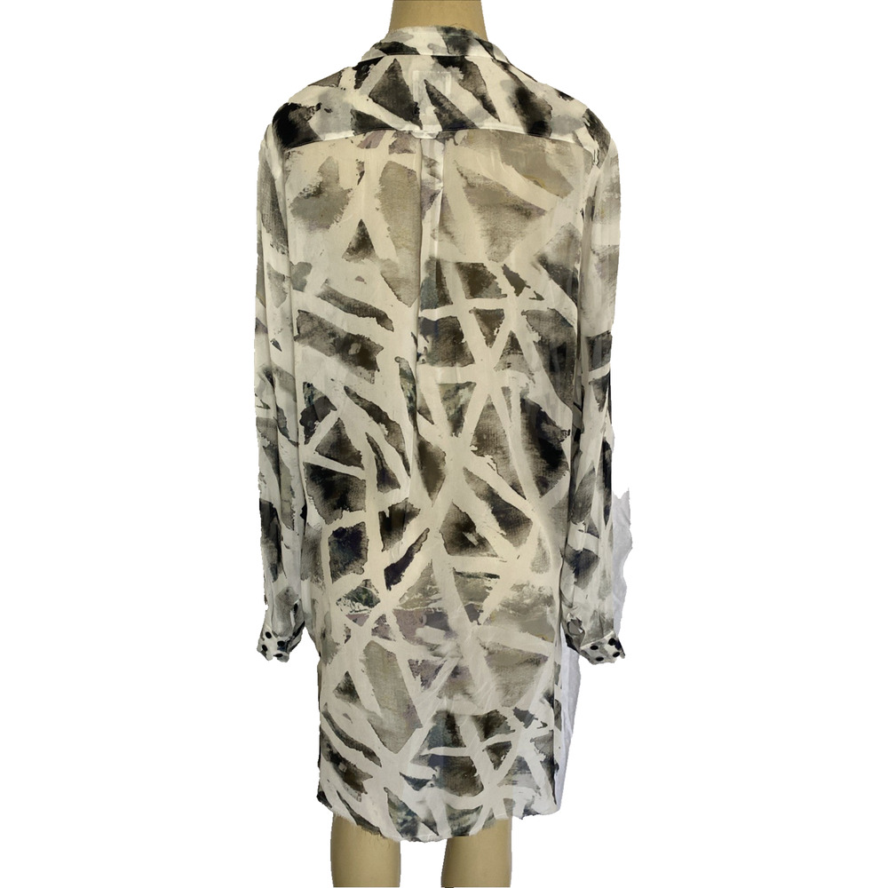 Go by Go Silk Shirt Button Down Tunic Sheer Gray White Silk V Neck Long Sleeve L - Picture 5 of 8